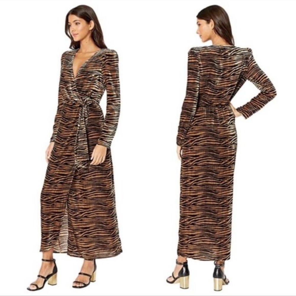 WAYF Womens Arlene Tiger Print Velvet Wrap Maxi Dress XL Brown Black Animal New